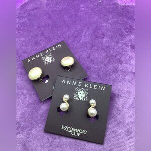 Anne Klein Gold Swirl and  Pearl Button Clip Earrings 2 pair